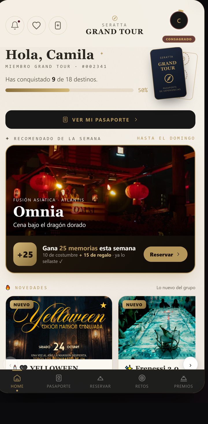 Pantalla de inicio del Pasaporte Gourmand: el saludo al cofrade, su avance de destinos y el recomendado de la semana.